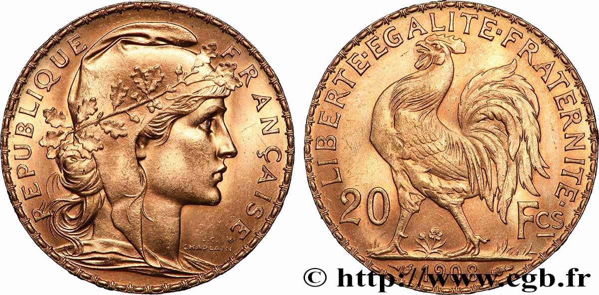 20 francs or Coq, Liberté Égalité Fraternité 1908 Paris F.535/2 SUP