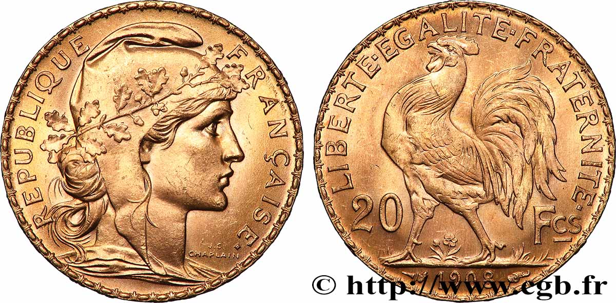 20 francs or Coq, Liberté Égalité Fraternité 1908 Paris F.535/2 SUP