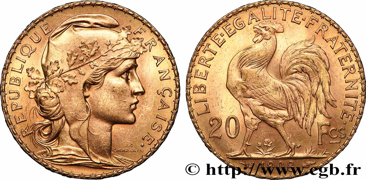 20 francs or Coq, Liberté Égalité Fraternité 1908 Paris F.535/2 VZ