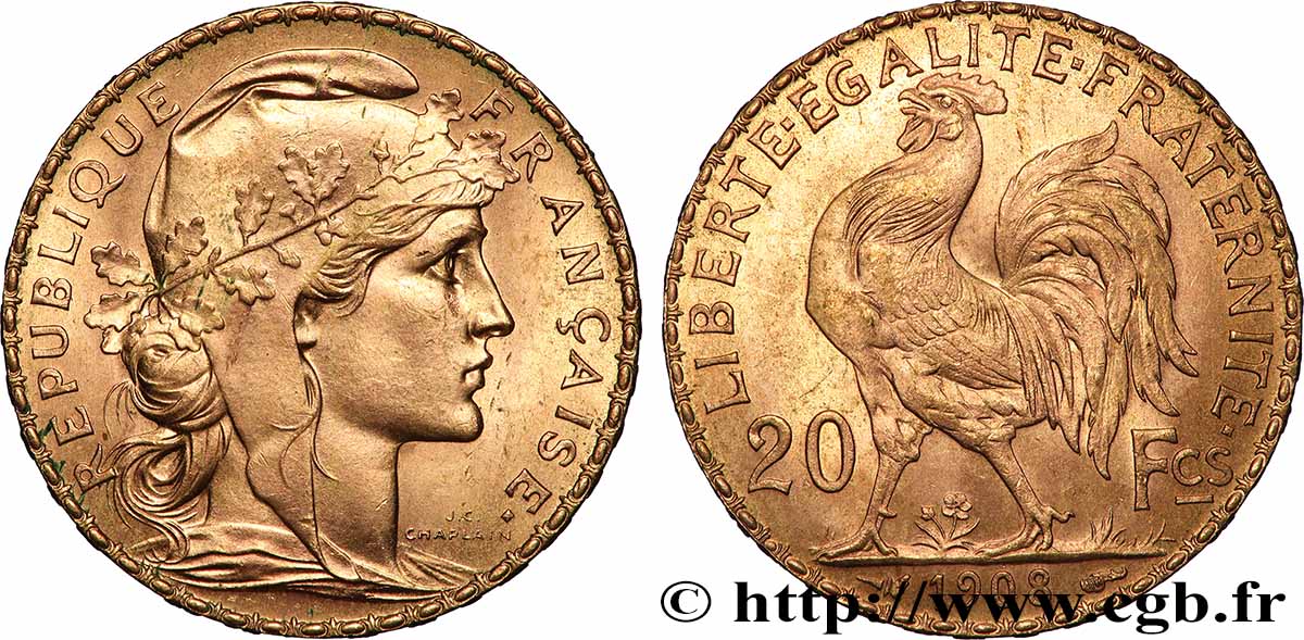 20 francs or Coq, Liberté Égalité Fraternité 1908 Paris F.535/2 SPL