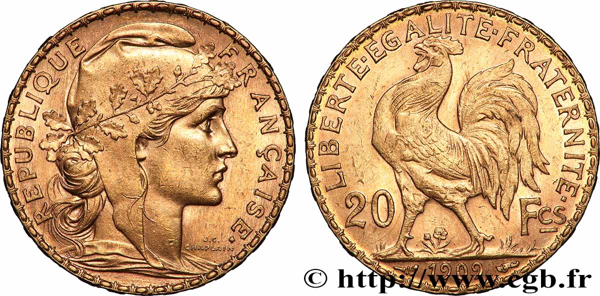 20 francs or Coq, Liberté Égalité Fraternité 1909 Paris F.535/3 SUP