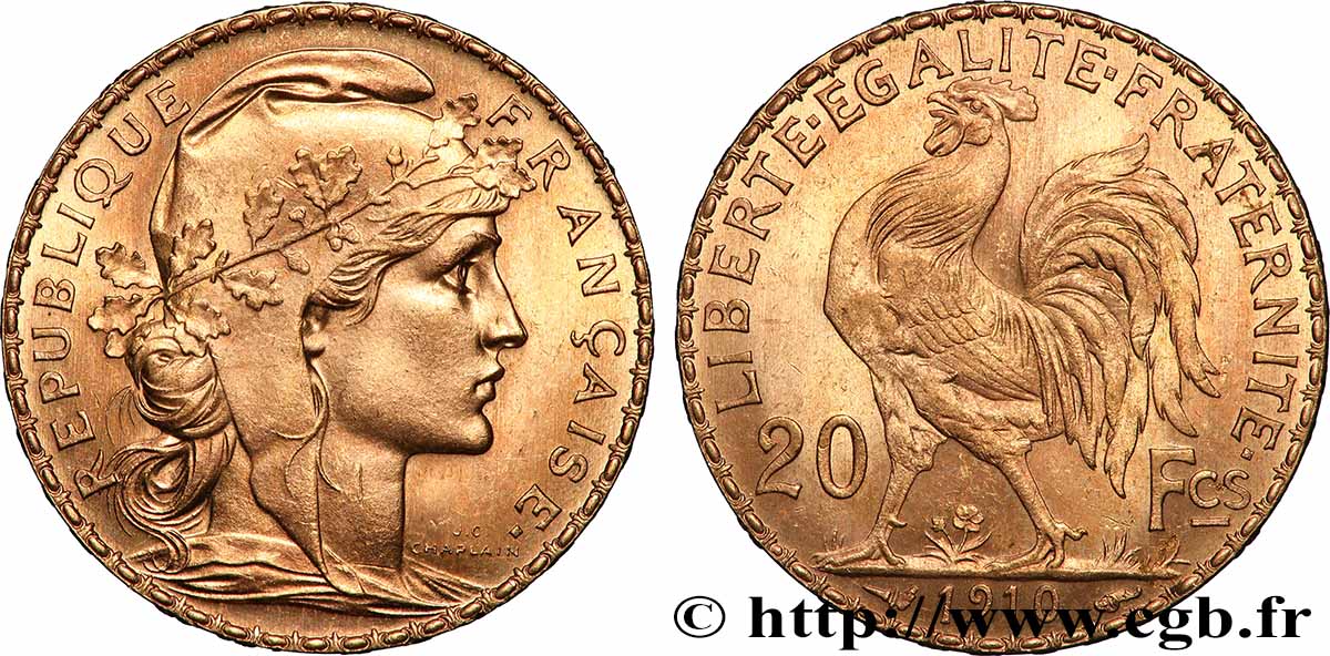 20 francs or Coq, Liberté Égalité Fraternité 1910 Paris F.535/4 SUP