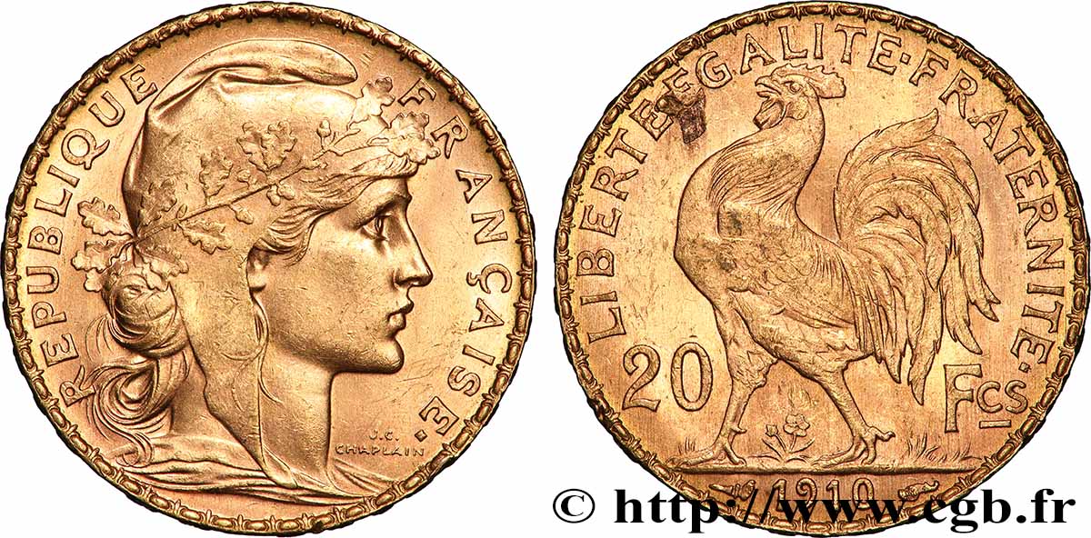 20 francs or Coq, Liberté Égalité Fraternité 1910 Paris F.535/4 SUP