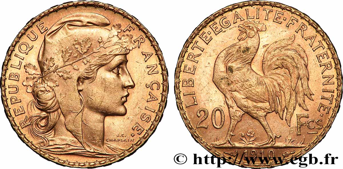 20 francs or Coq, Liberté Égalité Fraternité 1910 Paris F.535/4 TTB+