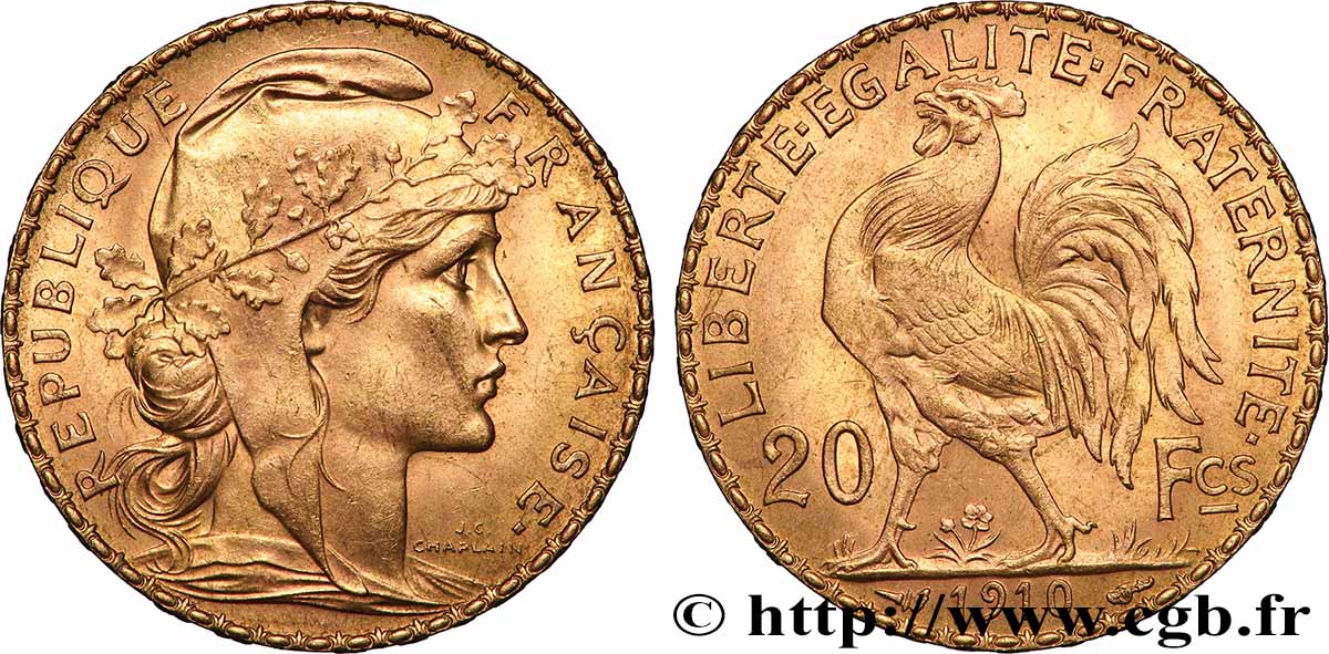 20 francs or Coq, Liberté Égalité Fraternité 1910 Paris F.535/4 TTB+