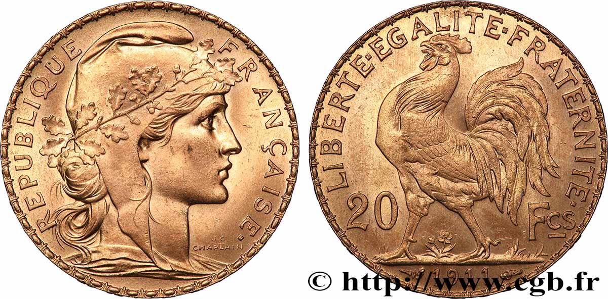 20 francs or Coq, Liberté Égalité Fraternité 1911 Paris F.535/5 SUP
