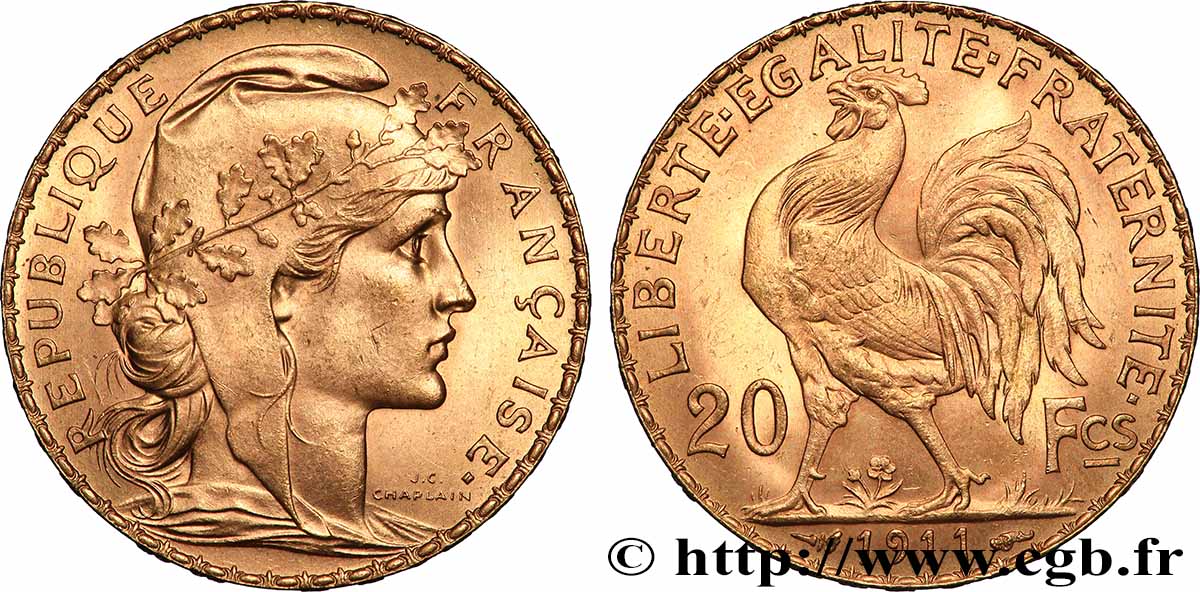 20 francs or Coq, Liberté Égalité Fraternité 1911 Paris F.535/5 SUP