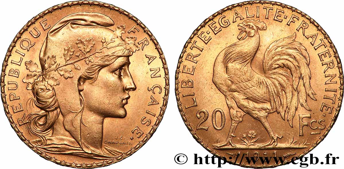 20 francs or Coq, Liberté Égalité Fraternité 1911 Paris F.535/5 VZ