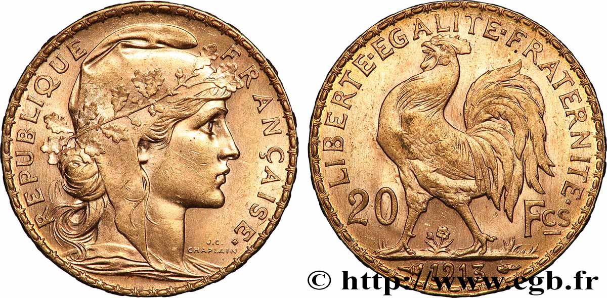 20 francs or Coq, Liberté Égalité Fraternité 1913 Paris F.535/7 fVZ