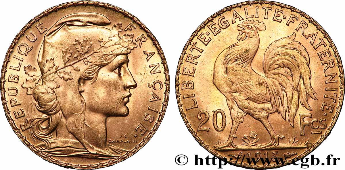 20 francs or Coq, Liberté Égalité Fraternité 1913 Paris F.535/7 q.SPL
