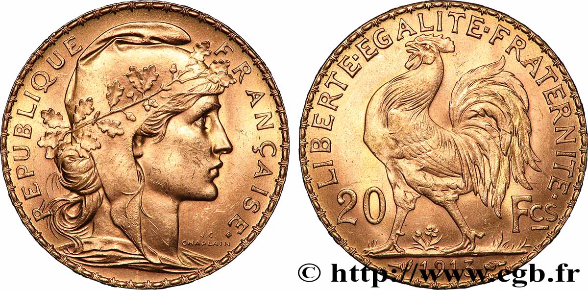 20 francs or Coq, Liberté Égalité Fraternité 1913 Paris F.535/7 TTB+