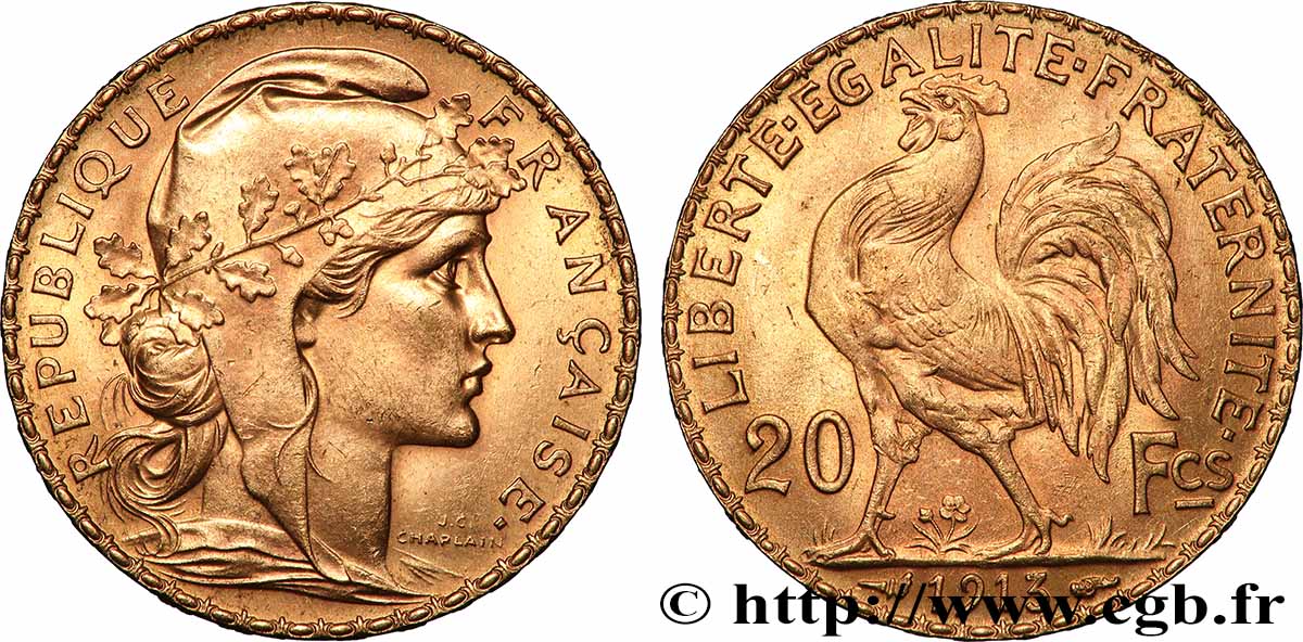 20 francs or Coq, Liberté Égalité Fraternité 1913 Paris F.535/7 SUP