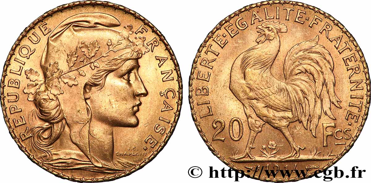 20 francs or Coq, Liberté Égalité Fraternité 1914 Paris F.535/8 SUP
