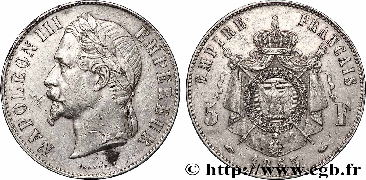 Épreuve de 5 francs Napoléon III, tête laurée par Bouvet 1853 Paris Maz.1637 TTB