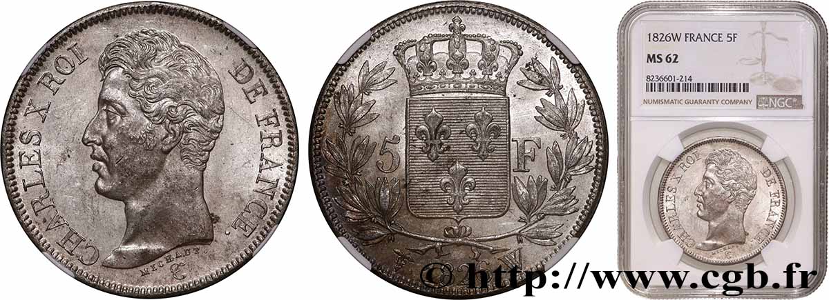 5 francs Charles X, 1er type 1826 Lille F.310/27 SUP62 NGC