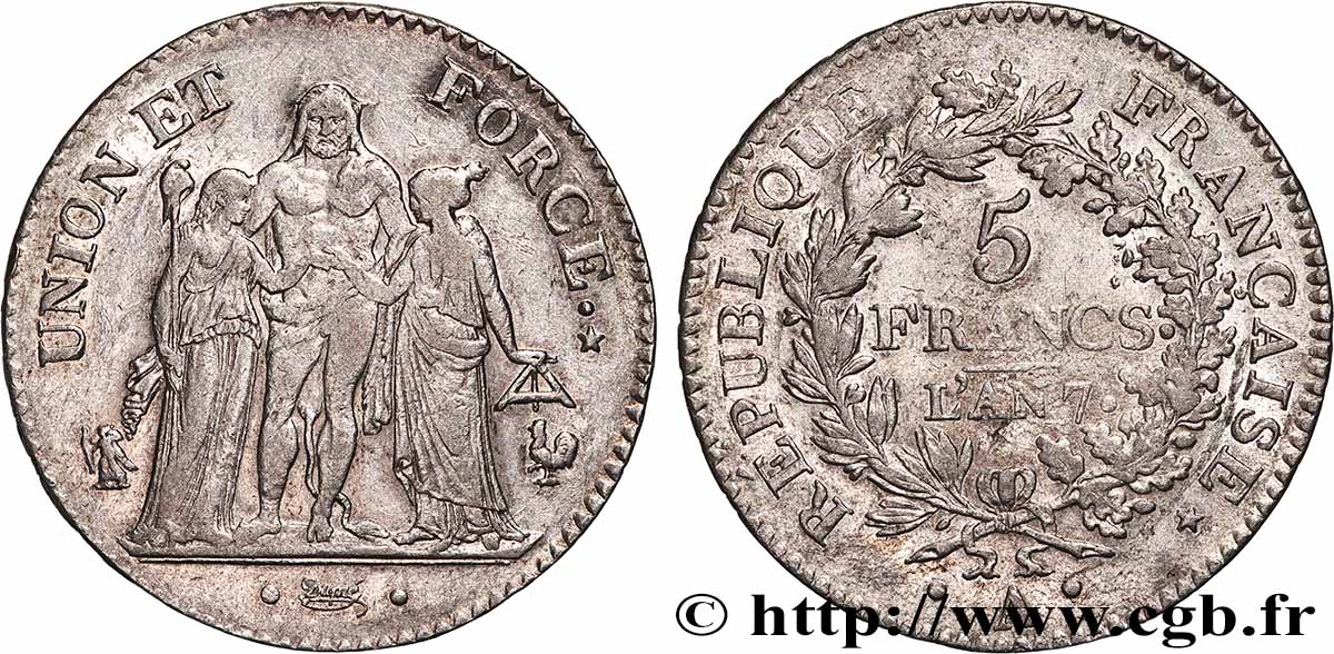 5 francs Union et Force, Union serré, avec glands intérieurs et gland extérieur 1799 Paris F.288/103 BC+