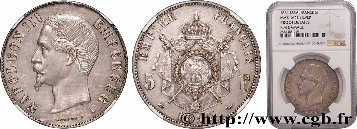Essai de 5 francs Napoléon III, tête nue, Tranche lisse 1854 Paris Maz.1641 SUP+ NGC