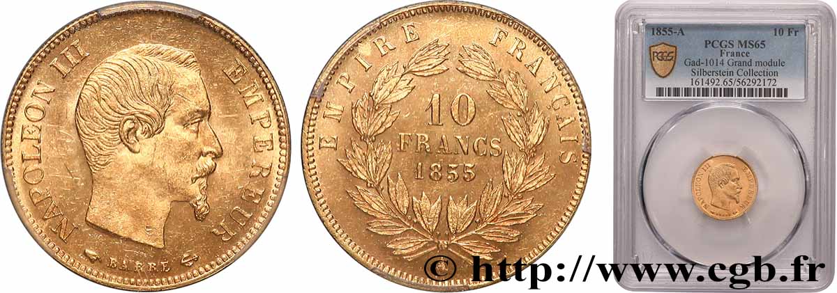 10 francs Napoléon III tête nue, grand module 1855 Paris F.506/1 FDC65 PCGS