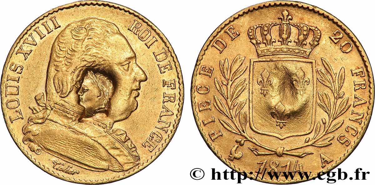 20 francs or Louis XVIII, buste habillé, contremarqué de la tête de Napoléon Bonaparte 1814 Paris F.517/2 q.SPL