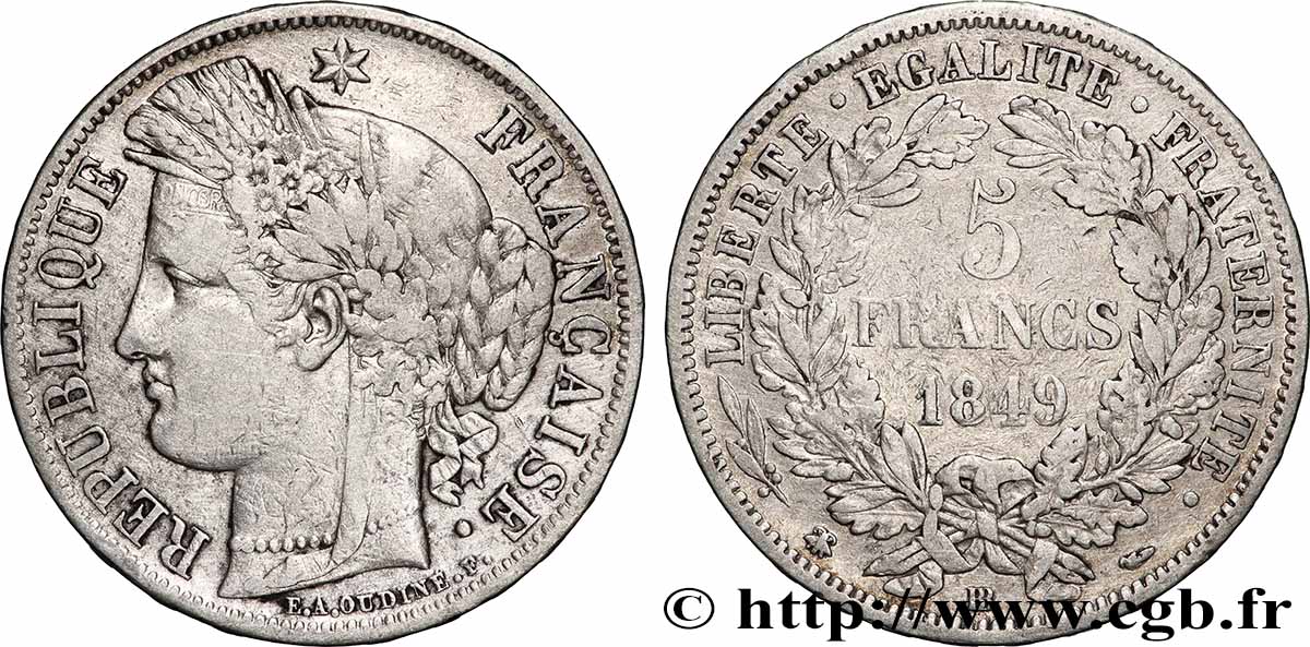 5 francs Cérès, IIe République 1849 Strasbourg F.327/3 TB