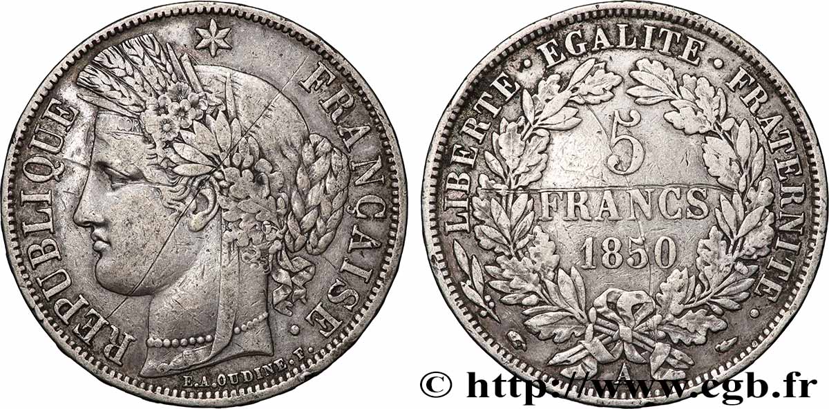 5 francs Cérès, IIe République 1850 Paris F.327/4 VF