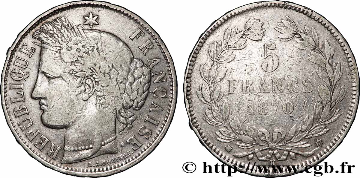 5 francs Cérès, sans légende 1870 Bordeaux F.332/4 TB