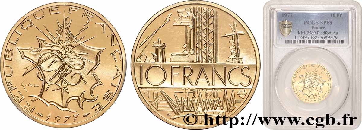 Piéfort en Or de 10 francs Mathieu, tranche B 1977 Pessac GEM.186 P3 ST68 PCGS