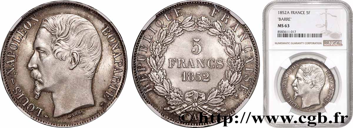 5 francs Louis-Napoléon, 1er type 1852 Paris F.329/1 SPL63 NGC