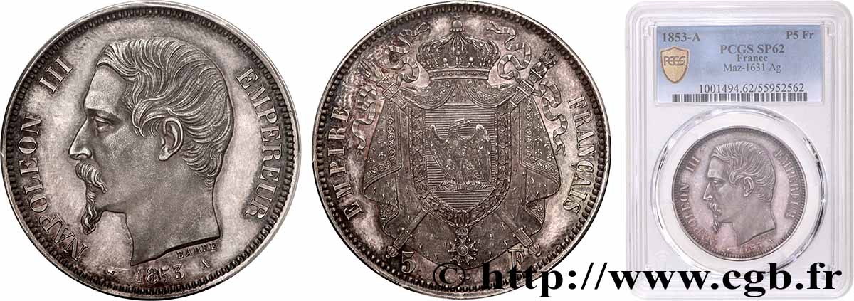 Essai de 5 francs Barre 1853 Paris G.2017.729 SUP62 PCGS