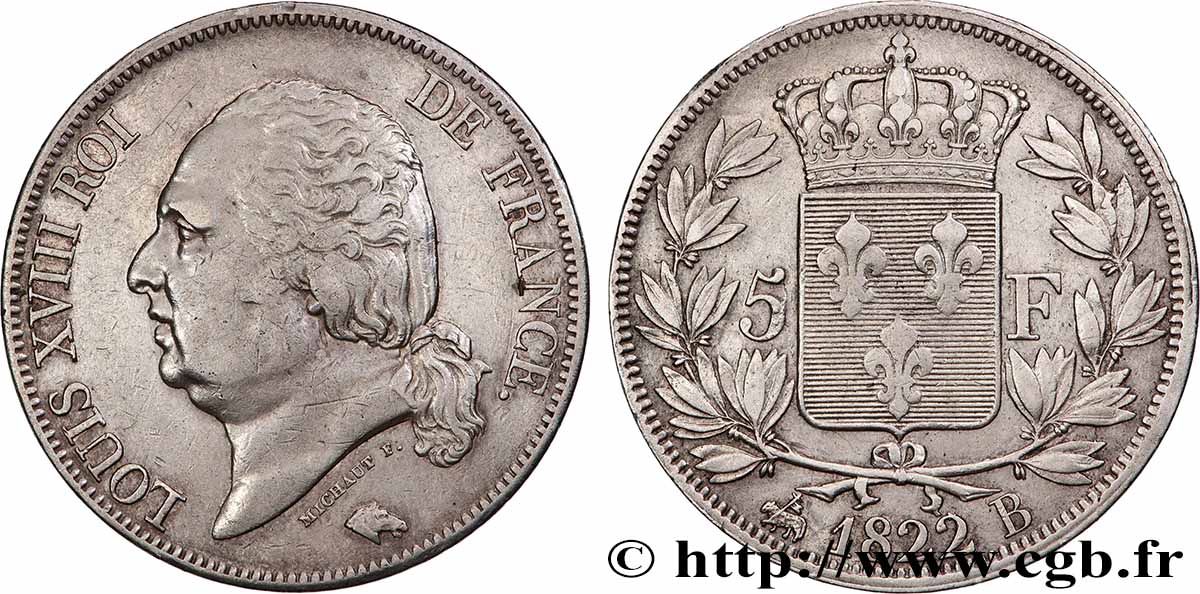 5 francs Louis XVIII, tête nue 1822 Rouen F.309/70 XF