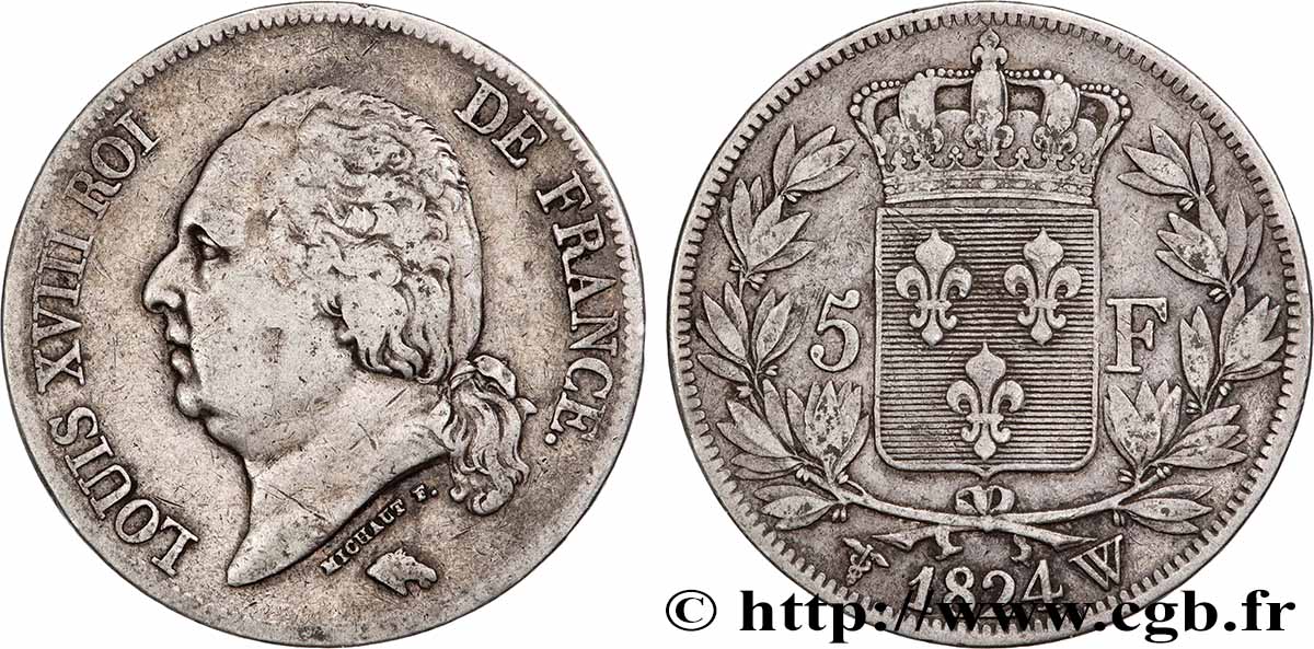 5 francs Louis XVIII, tête nue 1824 Lille F.309/98 VF