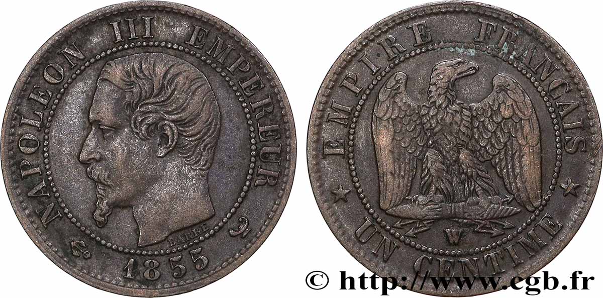 Un centime Napoléon III, tête nue 1855 Lille F.102/25 q.BB