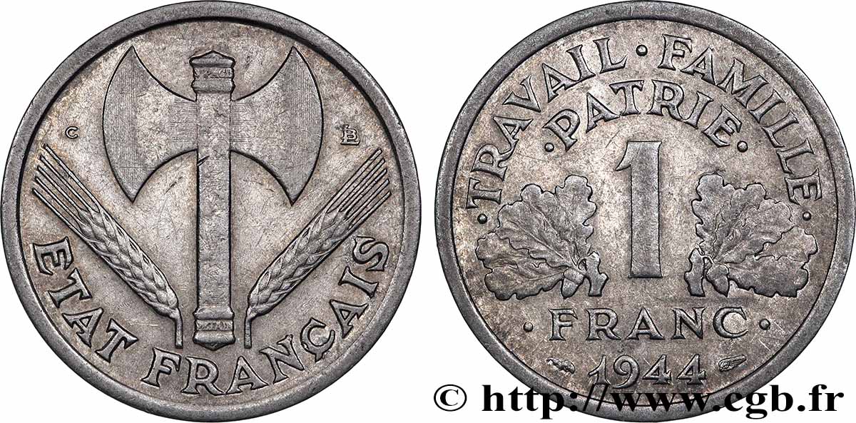 1 franc Francisque, légère, petit c 1944 Castelsarrasin F.223/8 MBC