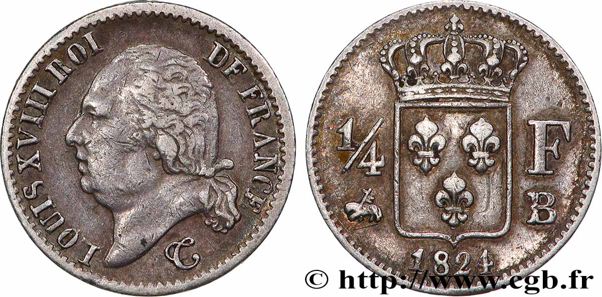 1/4 franc Louis XVIII 1824 Rouen F.163/32 BC+