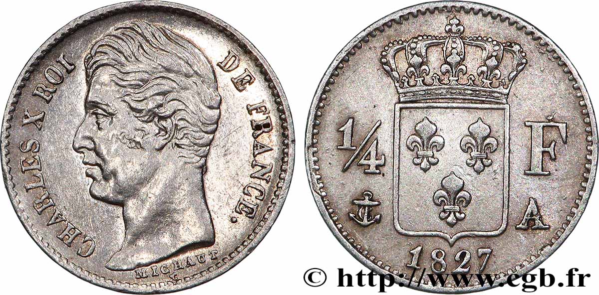 1/4 franc Charles X 1827 Paris F.164/10 AU