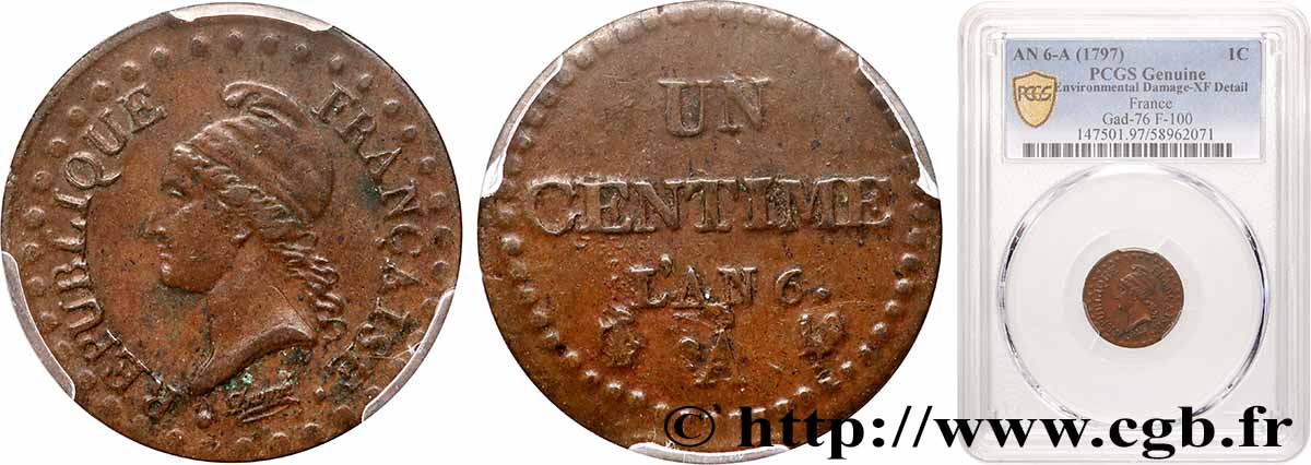 Un centime Dupré 1798 Paris F.100/12 XF PCGS