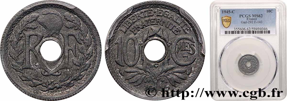 10 centimes Lindauer, petit module 1945 Castelsarrasin F.143/4 MS62 PCGS