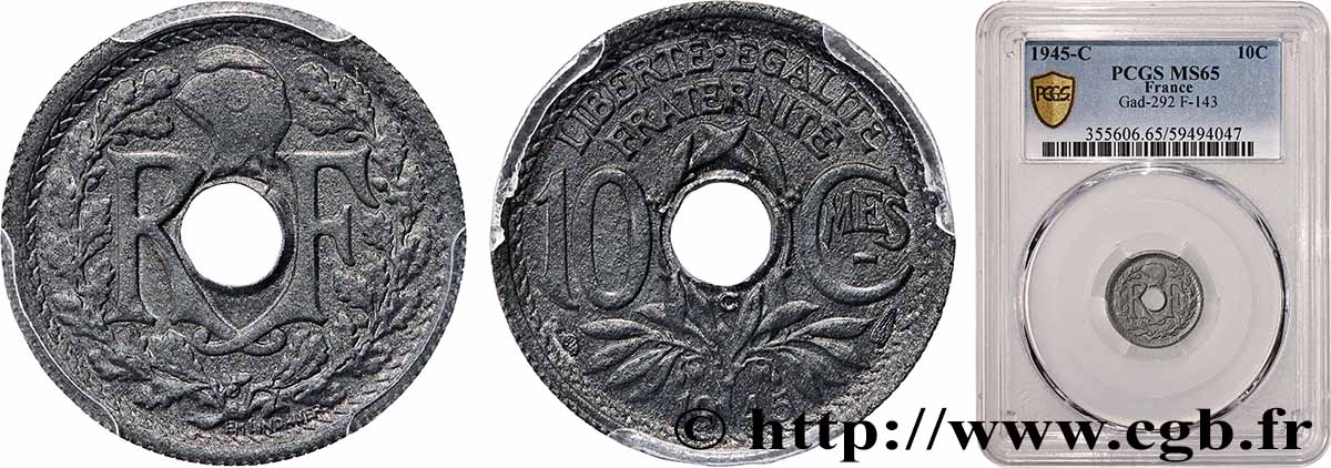 10 centimes Lindauer, petit module 1945 Castelsarrasin F.143/4 MS65 PCGS