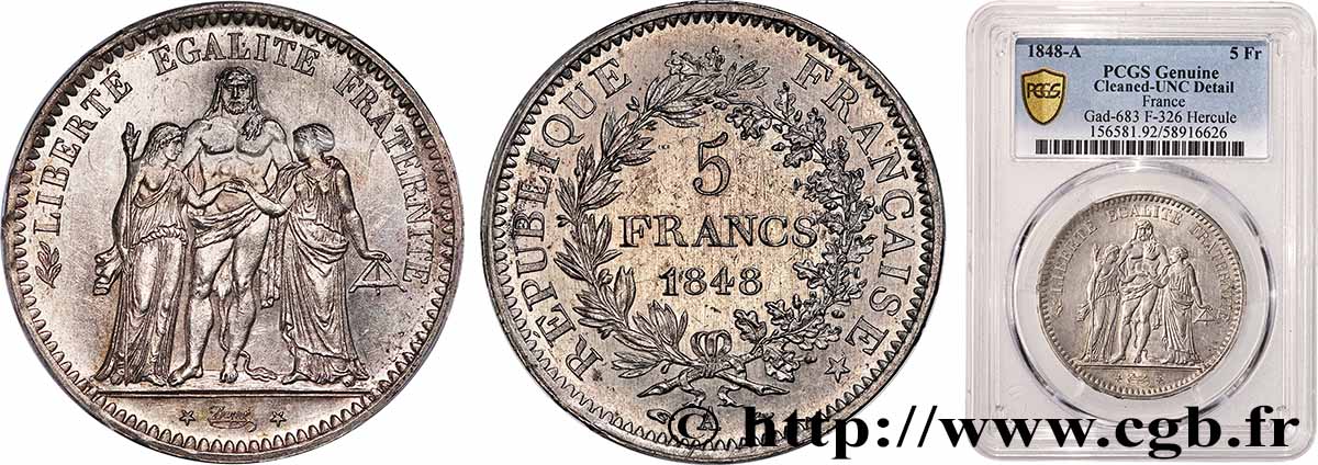 5 francs Hercule, IIe République 1848 Paris F.326/1 SUP+ PCGS