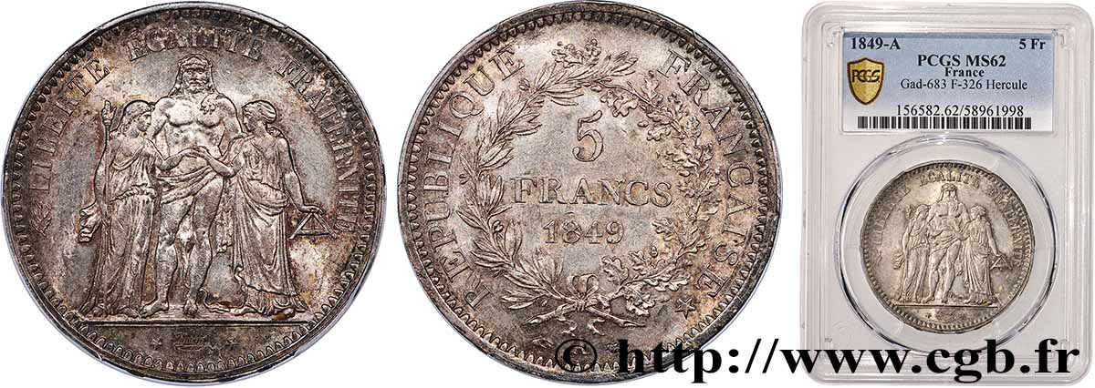 5 francs Hercule, IIe République 1849 Paris F.326/5 MS62 PCGS