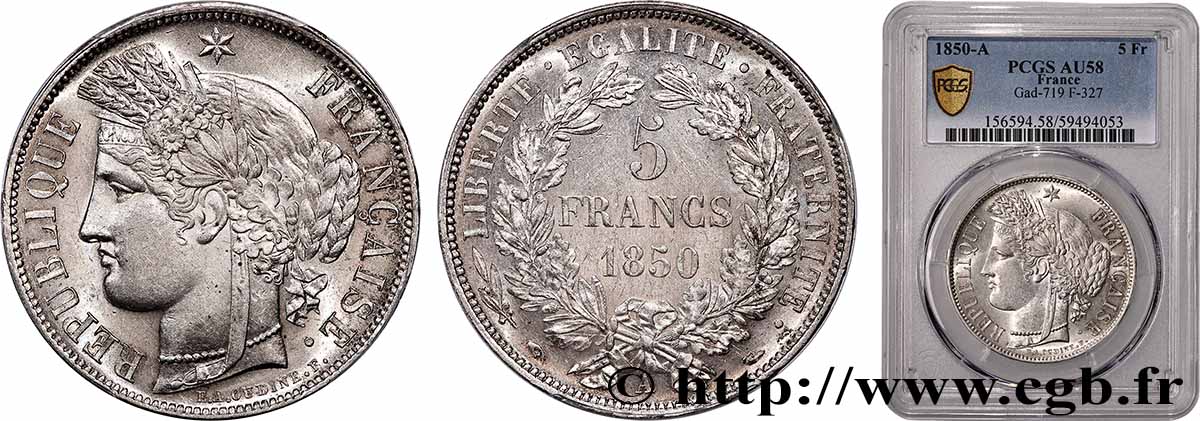 5 francs Cérès, IIe République 1850 Paris F.327/4 AU58 PCGS