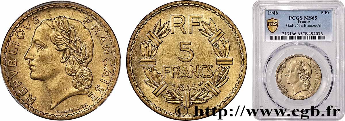 5 francs Lavrillier, bronze-aluminium 1946 F.337/7 MS65 PCGS