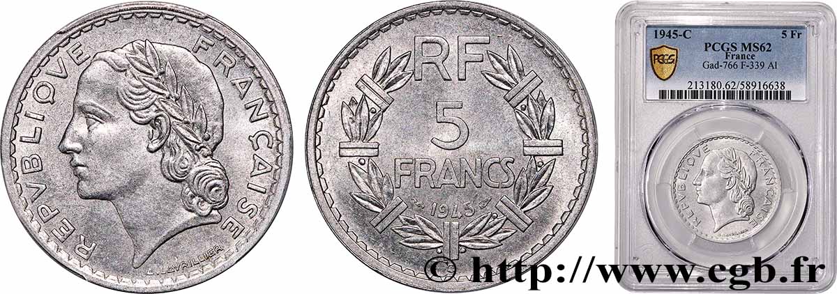 5 francs Lavrillier, aluminium 1945 Castelsarrasin F.339/5 VZ62 PCGS