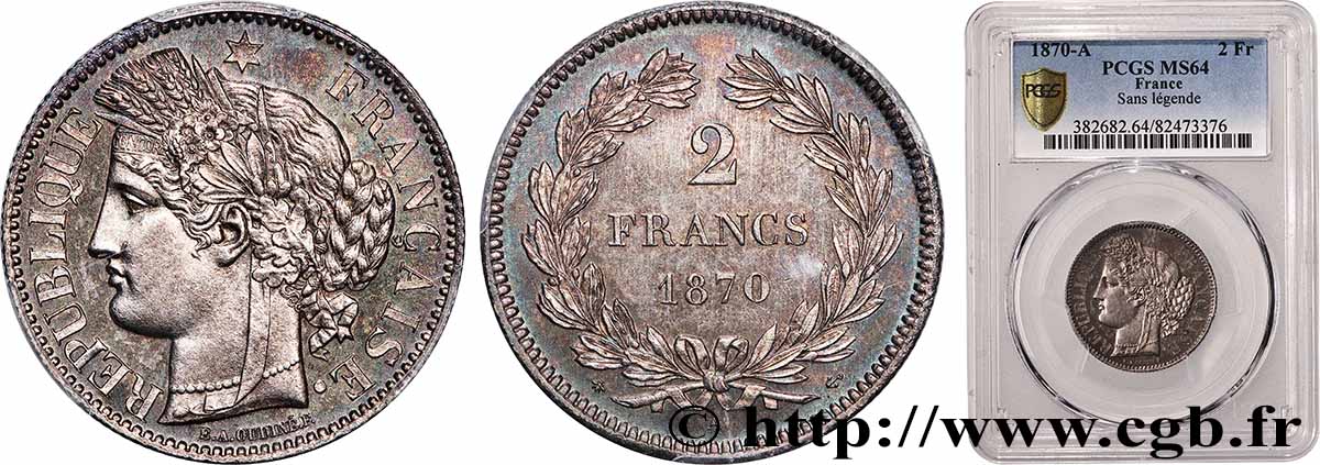 2 francs Cérès, sans légende 1870 Paris F.264/1 MS64 PCGS