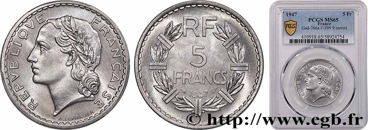 5 francs Lavrillier, aluminium 1947 F.339/9 MS65 PCGS