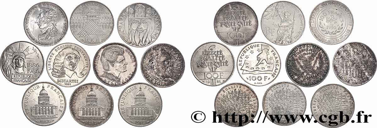Lot de 10 pièces de 100 francs commémoratives - - F.-/ TTB
