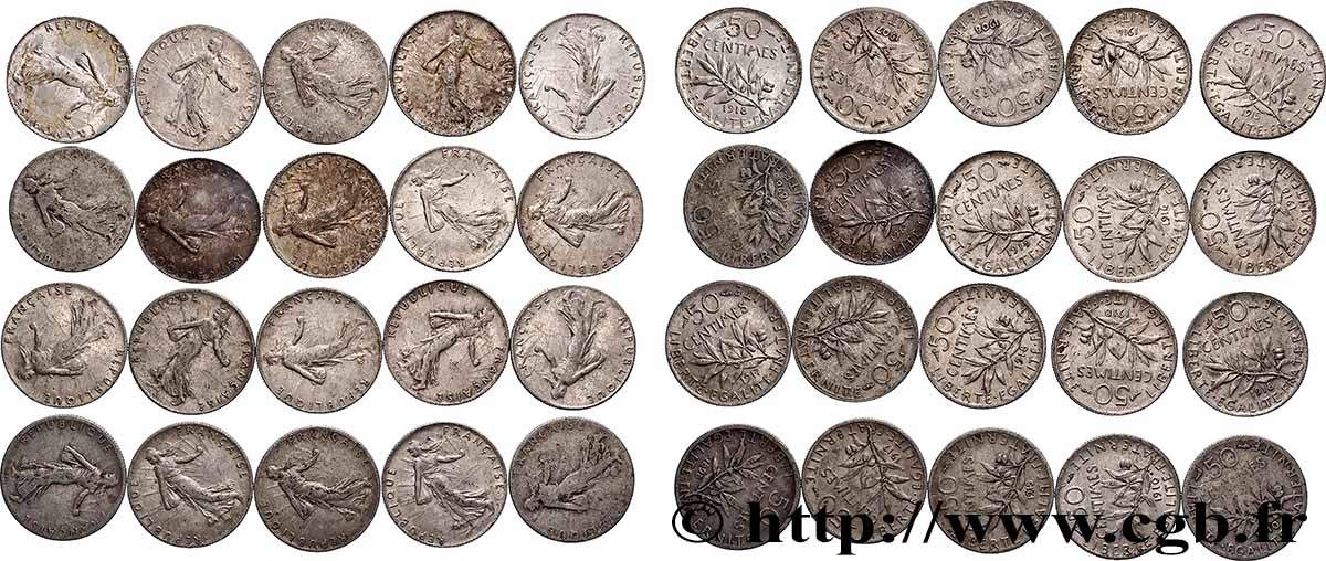 Lot de 20 pièces de 50 centimes Semeuse n.d. s.l. F.190/- G/AU