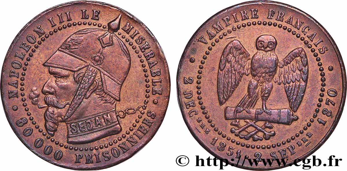 Médaille satirique Cu 25, module de Cinq centimes, type B “Os et Cigarette” 1870 Schw.B3c VZ