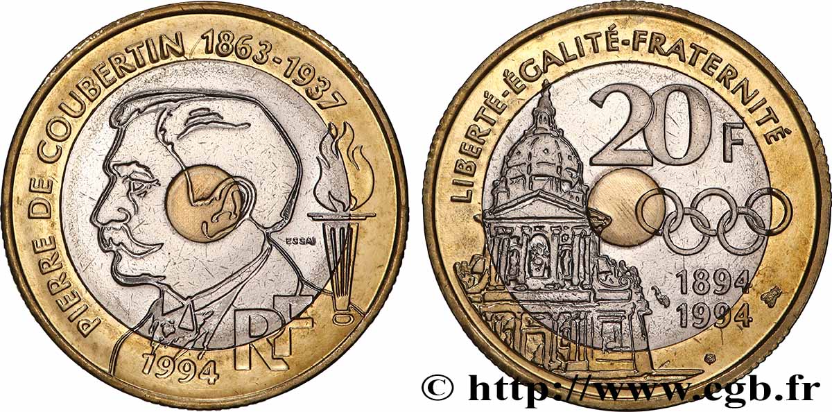Essai de 20 francs Pierre de Coubertin 1994 Pessac F.405/1 FDC