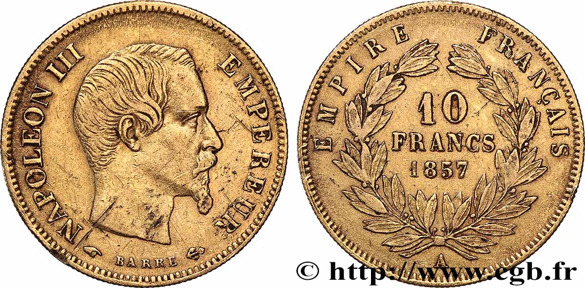 10 francs or Napoléon III, tête nue 1857 Paris F.506/4 TB